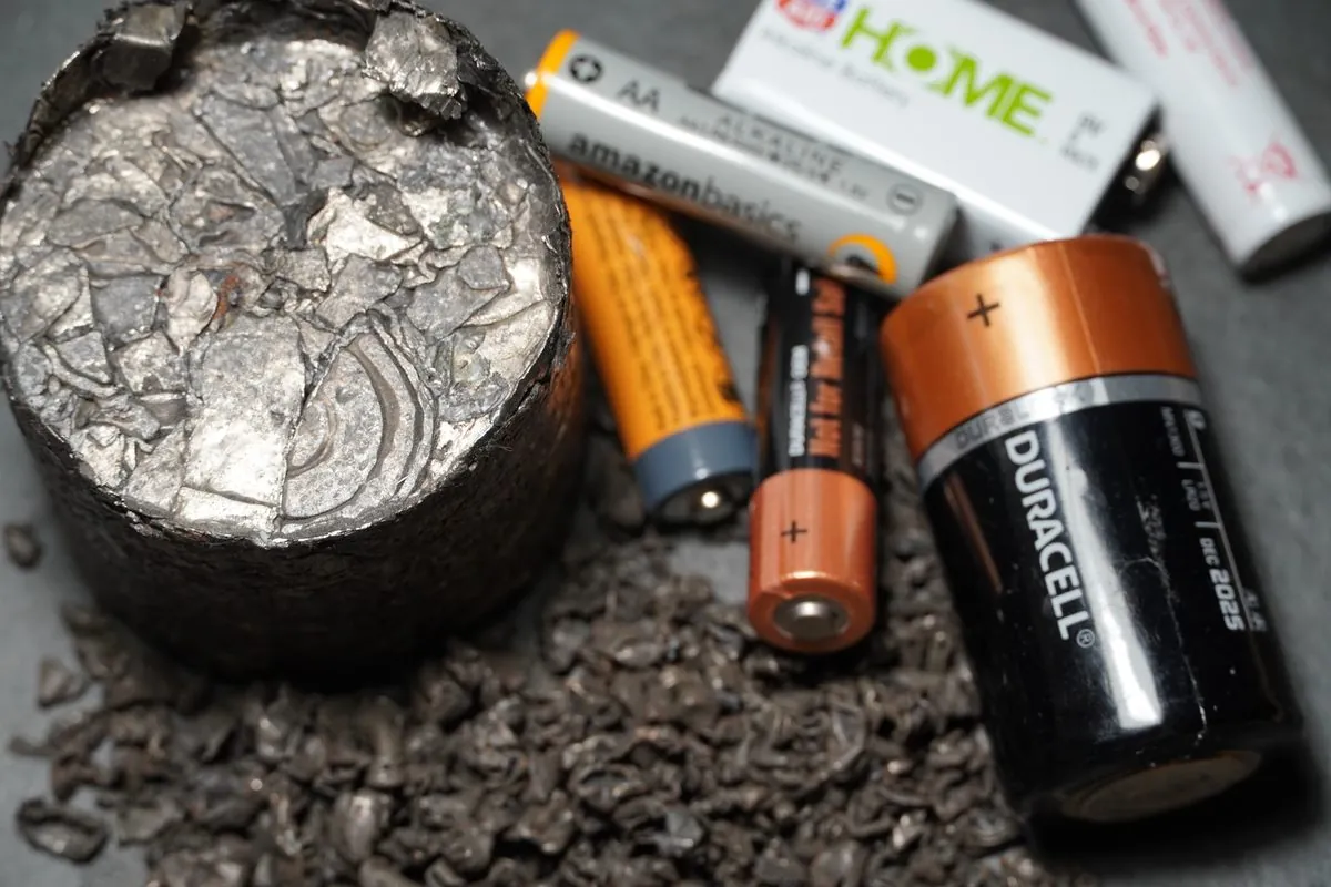 A white pail filled with mixed dry cell batteries, lid beside it